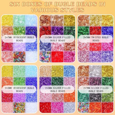 SONGIN 28800 Pcs Bugle Beads Kit, 6 Boxes Glass Tube Beads Set with 144 Colors, 7mm Long & 2mm Short Bugle Seed Beads for Jewelry Making, Bracelet Necklace, Embroidery and Crafts Supplies in Saudi Arabia