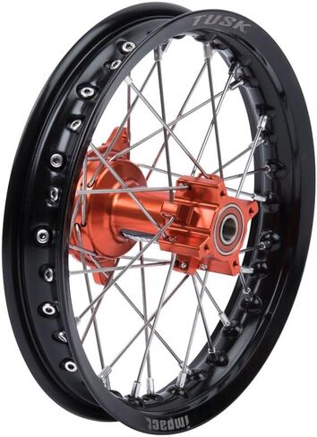 Tusk Impact Complete Wheel - Rear 12 x 1.60 Black Rim/Silver Spoke/Orange Hub For KTM 65 SX 2016-2024 in Kuwait