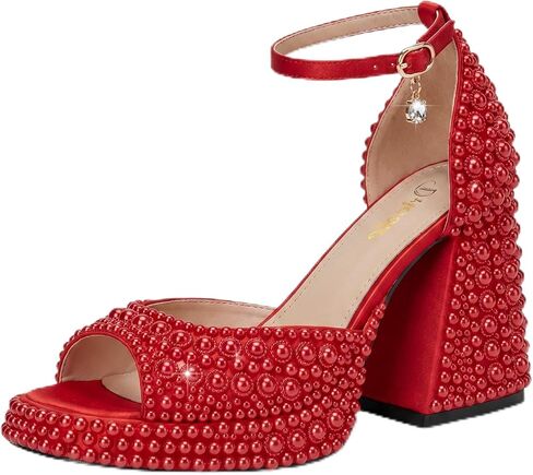 Women's open toe pearl high-heeled sandals | Chunky Buckle Ankle Strap Wedding Heeled Sandals Dress Evening Bride Shoes in Saudi Arabia