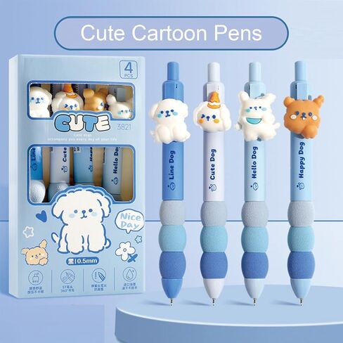 MOZXIRZ 4 Pcs Cute Gel Pens Retractable Pens Cartoon Puppy Pen 0.5mm Black Ink Smooth Writing Pen Office School Supplies (4Pcs Dog) in Kuwait