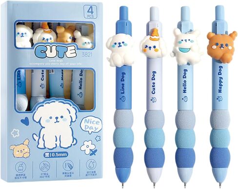 MOZXIRZ 4 Pcs Cute Gel Pens Retractable Pens Cartoon Puppy Pen 0.5mm Black Ink Smooth Writing Pen Office School Supplies (4Pcs Dog) in Kuwait