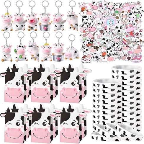 Fumete 86 Pcs Cow Party Favors Supplies Include Cow Keychain Party Paper Bags Keychains Cow Silicone Bracelets Vinyl Stickers for Girls Kids Baby Shower Treat Goodie Birthday Supplies in Saudi Arabia