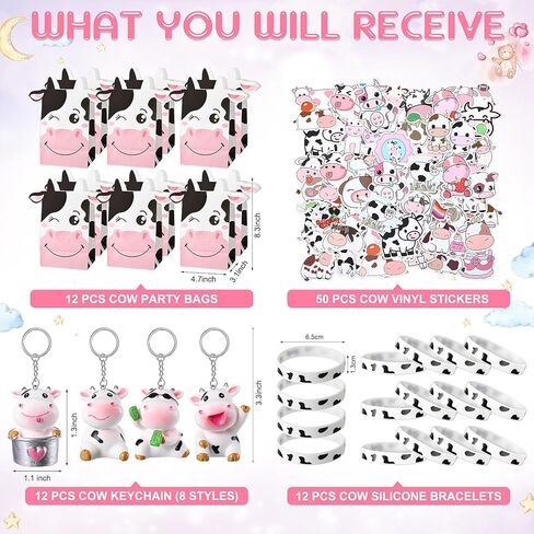 Fumete 86 Pcs Cow Party Favors Supplies Include Cow Keychain Party Paper Bags Keychains Cow Silicone Bracelets Vinyl Stickers for Girls Kids Baby Shower Treat Goodie Birthday Supplies in Saudi Arabia