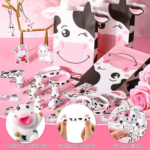 Fumete 86 Pcs Cow Party Favors Supplies Include Cow Keychain Party Paper Bags Keychains Cow Silicone Bracelets Vinyl Stickers for Girls Kids Baby Shower Treat Goodie Birthday Supplies in Saudi Arabia
