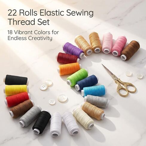 22PCS Elastic Thread for Sewing Machine, Latex Polyester, 0.6mm, 20m Each Spool, Colored Elastic Sewing Thread with Spool for Shirring, Serger, Overlock Machines, Quilting, Knitting, Weaving, DIY in Kuwait