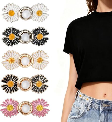 5 Sets Pant Waist Tightener, Detachable Daisy Flower Jean Buttons for Loose Jeans, No Sew No Tools Adjustable Button Pins, Instant Pants Waist Tightening Accessories in Saudi Arabia