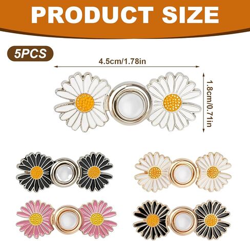 5 Sets Pant Waist Tightener, Detachable Daisy Flower Jean Buttons for Loose Jeans, No Sew No Tools Adjustable Button Pins, Instant Pants Waist Tightening Accessories in Saudi Arabia
