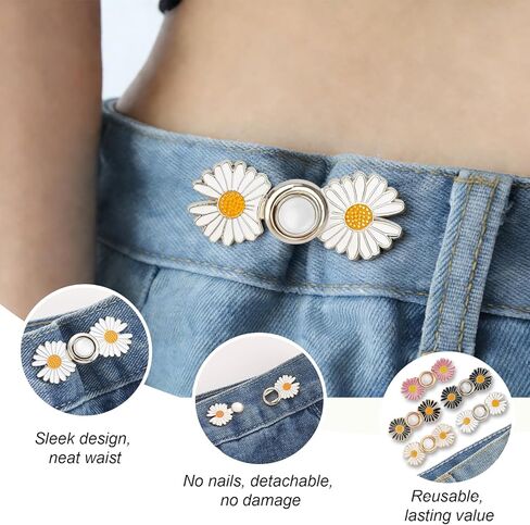5 Sets Pant Waist Tightener, Detachable Daisy Flower Jean Buttons for Loose Jeans, No Sew No Tools Adjustable Button Pins, Instant Pants Waist Tightening Accessories in Saudi Arabia