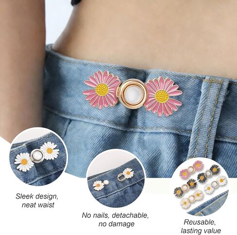 5 Sets Pant Waist Tightener, Detachable Daisy Flower Jean Buttons for Loose Jeans, No Sew No Tools Adjustable Button Pins, Instant Pants Waist Tightening Accessories in Saudi Arabia