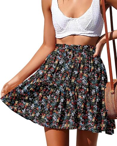 NASHALYLY Women's Summer Boho Floral Print Mini Skirt High Waist Drawstring Tiered Skirts(Flower-33,2XL) in Kuwait