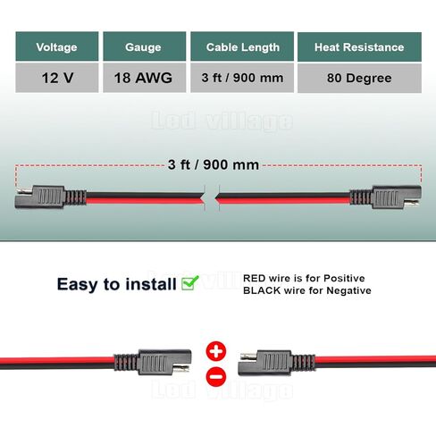 3FT SAE to SAE Cable 18 AWG Extension Cord Wire Harness 2 Pin Connector Cable Plug, Quick Disconnect 7.5A for Solar Panel, Battery, Motorcycle, Automotive (5 Packs) in Kuwait