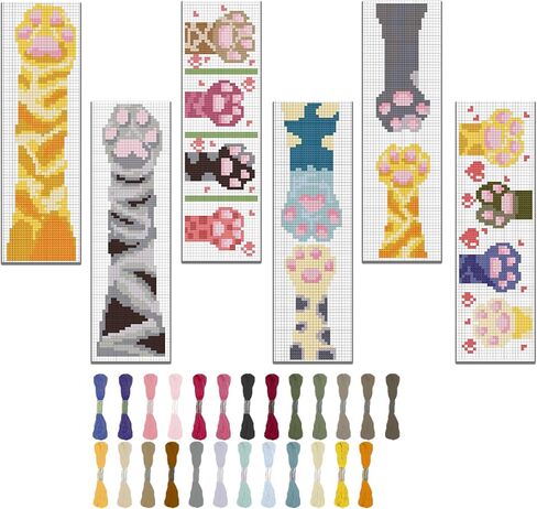 FREEBLOSS 6 Set Embroidery Bookmarks Cute Cat Paws Patterned Cross Stitch Bookmark Kit with Instruction Embroidery Kit for Adults Beginners 8''x2.4'' in Kuwait