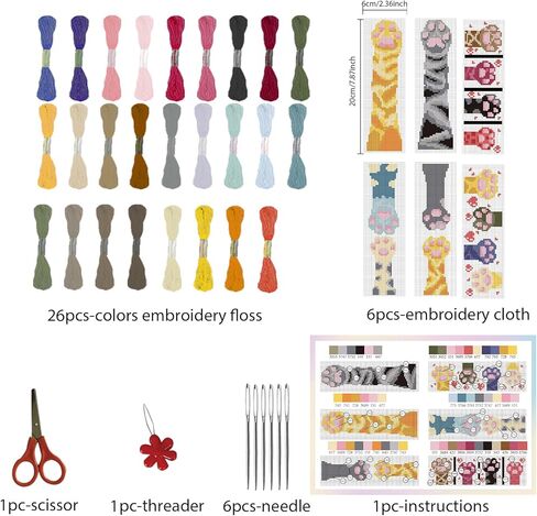 FREEBLOSS 6 Set Embroidery Bookmarks Cute Cat Paws Patterned Cross Stitch Bookmark Kit with Instruction Embroidery Kit for Adults Beginners 8''x2.4'' in Kuwait