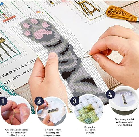 FREEBLOSS 6 Set Embroidery Bookmarks Cute Cat Paws Patterned Cross Stitch Bookmark Kit with Instruction Embroidery Kit for Adults Beginners 8''x2.4'' in Kuwait