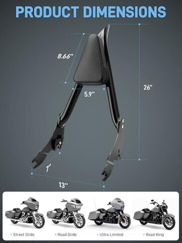 26" Motorcycle Sissy Bar Backrest, Detachable Passenger Backrest High-Strength Steel Sissy Bar Compatible with Harley Touring Street Road Glide Road King Street Glide 2009-2025 in Saudi Arabia
