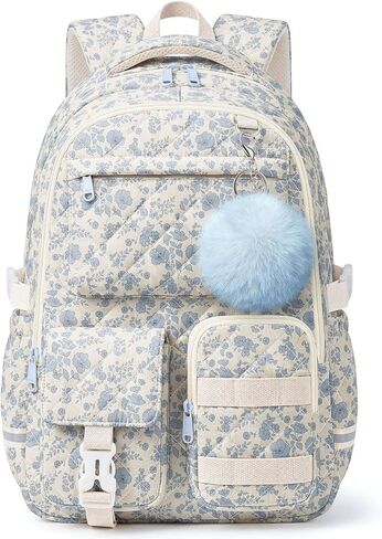 Quilted Backpack for Teen Girls,Cute Blue Patchwork School Backpack with Multi-Pocket Design,Lightweight Cotton Bookbag Fits 15.6" Laptop,Large Capacity Aesthetic Backpack with Plush Charm in Saudi Arabia
