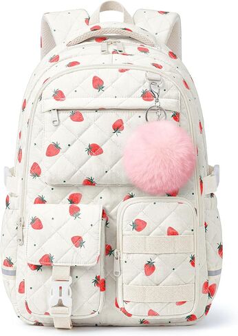 Quilted Backpack for Teen Girls,Cute Blue Patchwork School Backpack with Multi-Pocket Design,Lightweight Cotton Bookbag Fits 15.6" Laptop,Large Capacity Aesthetic Backpack with Plush Charm in Saudi Arabia