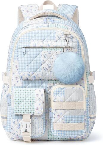Quilted Backpack for Teen Girls,Cute Blue Patchwork School Backpack with Multi-Pocket Design,Lightweight Cotton Bookbag Fits 15.6" Laptop,Large Capacity Aesthetic Backpack with Plush Charm in Saudi Arabia