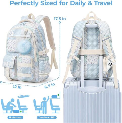 Quilted Backpack for Teen Girls,Cute Blue Patchwork School Backpack with Multi-Pocket Design,Lightweight Cotton Bookbag Fits 15.6" Laptop,Large Capacity Aesthetic Backpack with Plush Charm in Saudi Arabia