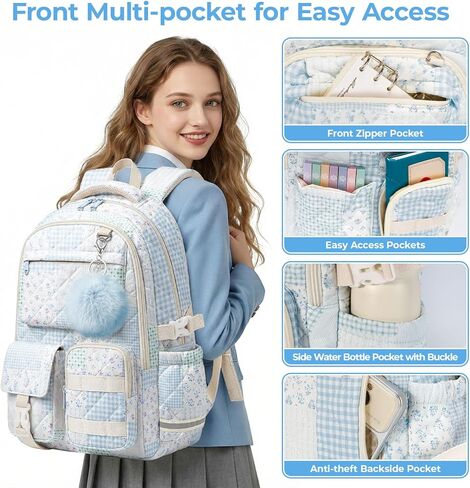 Quilted Backpack for Teen Girls,Cute Blue Patchwork School Backpack with Multi-Pocket Design,Lightweight Cotton Bookbag Fits 15.6" Laptop,Large Capacity Aesthetic Backpack with Plush Charm in Saudi Arabia