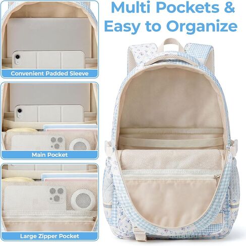 Quilted Backpack for Teen Girls,Cute Blue Patchwork School Backpack with Multi-Pocket Design,Lightweight Cotton Bookbag Fits 15.6" Laptop,Large Capacity Aesthetic Backpack with Plush Charm in Saudi Arabia