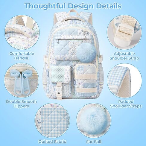 Quilted Backpack for Teen Girls,Cute Blue Patchwork School Backpack with Multi-Pocket Design,Lightweight Cotton Bookbag Fits 15.6" Laptop,Large Capacity Aesthetic Backpack with Plush Charm in Saudi Arabia