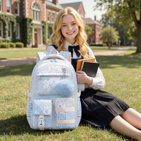 Quilted Backpack for Teen Girls,Cute Blue Patchwork School Backpack with Multi-Pocket Design,Lightweight Cotton Bookbag Fits 15.6" Laptop,Large Capacity Aesthetic Backpack with Plush Charm in Saudi Arabia