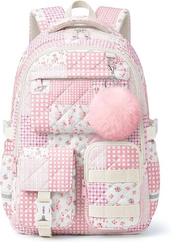 Quilted Backpack for Teen Girls,Cute Blue Patchwork School Backpack with Multi-Pocket Design,Lightweight Cotton Bookbag Fits 15.6" Laptop,Large Capacity Aesthetic Backpack with Plush Charm in Saudi Arabia