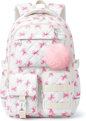 Quilted Backpack for Teen Girls,Cute Blue Patchwork School Backpack with Multi-Pocket Design,Lightweight Cotton Bookbag Fits 15.6" Laptop,Large Capacity Aesthetic Backpack with Plush Charm in Saudi Arabia