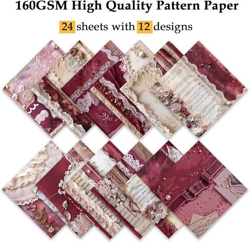 Pearl Lace Scrapbook Paper, 24 Sheets 6"×6" Single-Sided Patterned Cardstock Pads,160gsm Vintage Decopodge Scrapbook Supplies, Junk Journal Decorative Crafts DIY Album Card Making Art Journaling in Saudi Arabia
