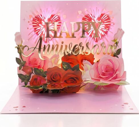 Anniversary Card with Music & LED Lights, 3D Pop Up Happy Anniversary Cards for Him Her Wife Husband Men Women, Romantic Light Up Musical Greeting Card Gift with Fireworks & Foil Design, Envelope Included in Saudi Arabia