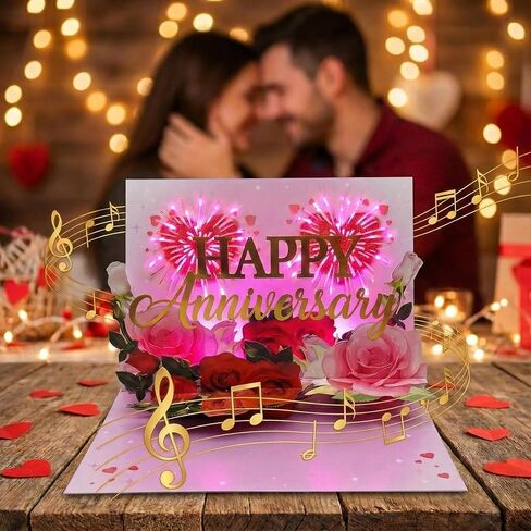 Anniversary Card with Music & LED Lights, 3D Pop Up Happy Anniversary Cards for Him Her Wife Husband Men Women, Romantic Light Up Musical Greeting Card Gift with Fireworks & Foil Design, Envelope Included in Saudi Arabia