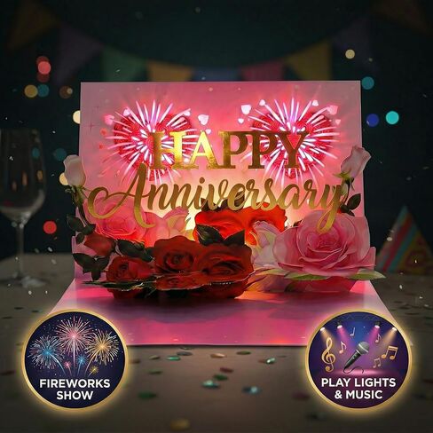 Anniversary Card with Music & LED Lights, 3D Pop Up Happy Anniversary Cards for Him Her Wife Husband Men Women, Romantic Light Up Musical Greeting Card Gift with Fireworks & Foil Design, Envelope Included in Saudi Arabia