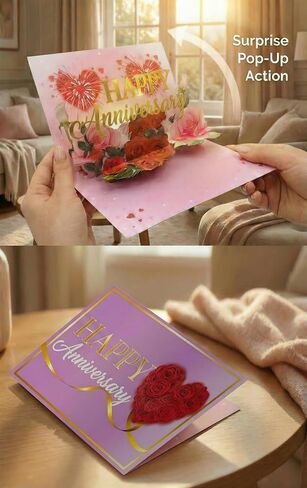 Anniversary Card with Music & LED Lights, 3D Pop Up Happy Anniversary Cards for Him Her Wife Husband Men Women, Romantic Light Up Musical Greeting Card Gift with Fireworks & Foil Design, Envelope Included in Saudi Arabia