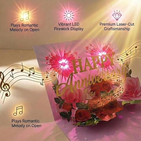 Anniversary Card with Music & LED Lights, 3D Pop Up Happy Anniversary Cards for Him Her Wife Husband Men Women, Romantic Light Up Musical Greeting Card Gift with Fireworks & Foil Design, Envelope Included in Saudi Arabia