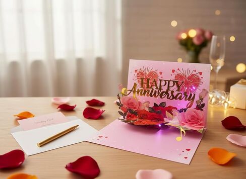 Anniversary Card with Music & LED Lights, 3D Pop Up Happy Anniversary Cards for Him Her Wife Husband Men Women, Romantic Light Up Musical Greeting Card Gift with Fireworks & Foil Design, Envelope Included in Saudi Arabia