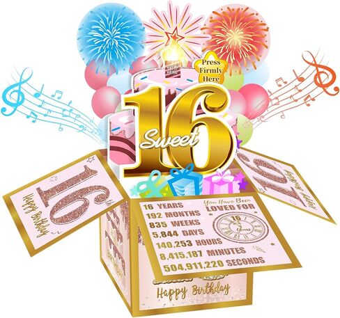 Eiurteao Pop Up 16th Birthday Card for Girls, Firework & Music & Blowable Candle Lights, Pink Gold Sweet 16 Greeting Card Funny Happy 16th 3D Birthday Gifts Box Card for Sister, Daughter, Friends in Saudi Arabia