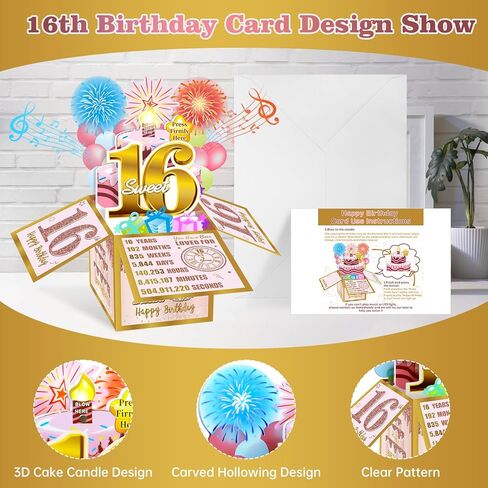 Eiurteao Pop Up 16th Birthday Card for Girls, Firework & Music & Blowable Candle Lights, Pink Gold Sweet 16 Greeting Card Funny Happy 16th 3D Birthday Gifts Box Card for Sister, Daughter, Friends in Saudi Arabia