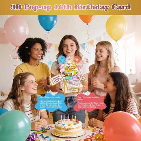 Eiurteao Pop Up 16th Birthday Card for Girls, Firework & Music & Blowable Candle Lights, Pink Gold Sweet 16 Greeting Card Funny Happy 16th 3D Birthday Gifts Box Card for Sister, Daughter, Friends in Saudi Arabia