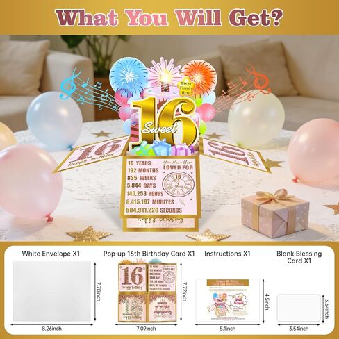 Eiurteao Pop Up 16th Birthday Card for Girls, Firework & Music & Blowable Candle Lights, Pink Gold Sweet 16 Greeting Card Funny Happy 16th 3D Birthday Gifts Box Card for Sister, Daughter, Friends in Saudi Arabia