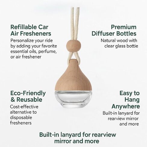 3 Pcs Hanging Car Air Freshener Diffuser Bottles – 6ml Refillable Essential Oil Aromatherapy Perfume Pendant, Clear Empty Glass with Wooden Cap & String for Vehicle Decoration, Closet Fragrance in Saudi Arabia