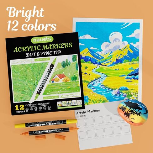 nauets 12 Colors Acrylic Paint Markers, Premium Dot & Fine Dual Tip Acrylic Paint Pens for Rock, Wood, Fabric, Canvas, Glass, Paper, Ceramic, Scrapbook, Vision Board and DIY Crafts Supplies Art Gifts in Saudi Arabia