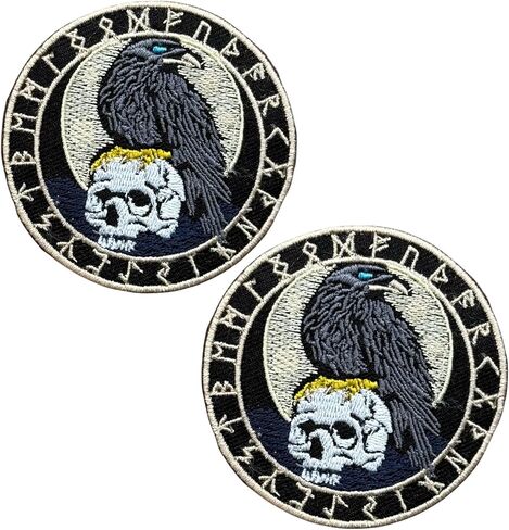 2PCS Viking Raven on Skull Embroidered Patch 3 Inch – Norse Rune Iron-On Applique, Odin Raven Patch for Jackets, Vests, Backpacks & Hats – Sew or Heat Transfer Badge in Kuwait