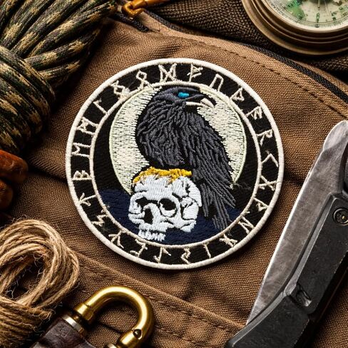 2PCS Viking Raven on Skull Embroidered Patch 3 Inch – Norse Rune Iron-On Applique, Odin Raven Patch for Jackets, Vests, Backpacks & Hats – Sew or Heat Transfer Badge in Kuwait