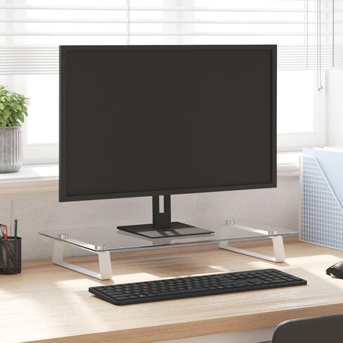 vidaXL White Tempered Glass and Metal Monitor Stand - Ergonomic Computer Screen Riser with Storage Space, 23.6" L x 13.8" W, Minimalist Design in Kuwait