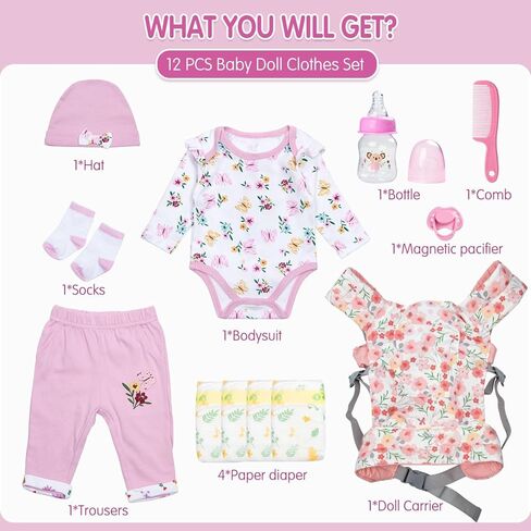 12 Pcs Reborn Baby Doll Clothes Accessories with Babydoll Carrier for 17-20-22 Inch Realistic Baby Girl Newborn Doll Clothes Feeding Accessories in Saudi Arabia