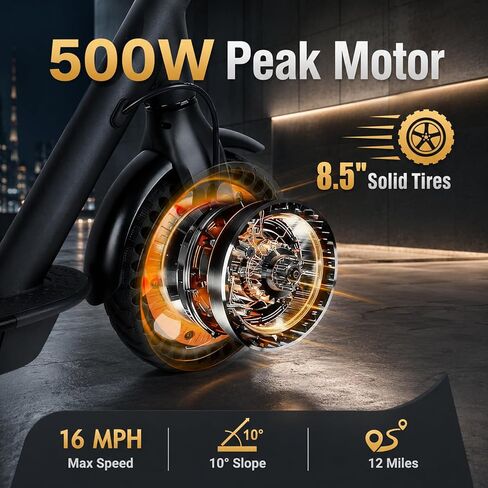 500W Peak Electric Scooter for Teens & Adults, 12MPH & 16 Miles, 8.5" Tires, Lightweight Foldable E-Scooter with APP, 3 Speeds, Dual Brakes, Cruise Control, Hill Climb, Gift for Teens & Big Kids in Kuwait