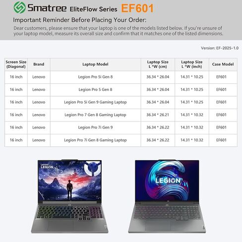 حافظة كمبيوتر محمول Smatree EliteFlow لأجهزة الكمبيوتر المحمول Lenovo Legion Pro 5i/7i Gen 9 مقاس 16 بوصة، لأجهزة Lenovo Legion Pro 5i/5/7/7i Gen 8، حافظة واقية مع جيب ملحق ومقبض (EF601) in Kuwait
