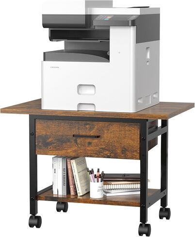 Aetheris Heavy-Duty Printer Stand with Locking Wheels, 2 -Tier Under Desk Table with Storage Drawer, Large Rolling Cart, Printer Table, Fits Printer Scanner Fax Machine, 22" x 15" x 18.3", Brown in Saudi Arabia