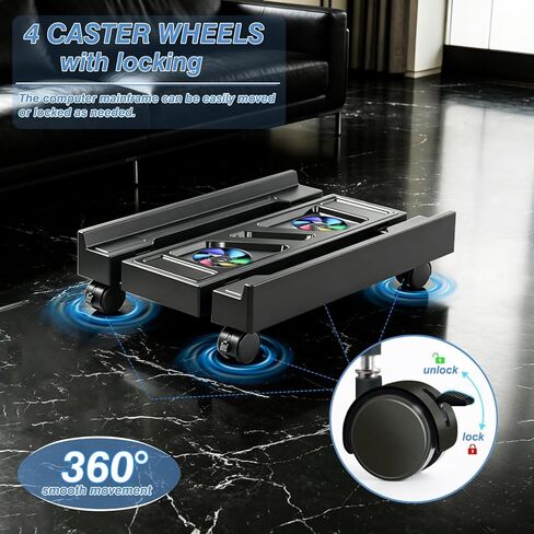 PC Stand for PC Tower With F, Computer Desktop Stand with 4 Lockable Castors, Universal Adjustable CPU Stand with Wheels - (New Black) in Kuwait